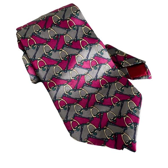 Vintage Henri Christian Luxe Stirrup/Buckle & Strap Printed Silk Tie 4" w - Picture 6 of 6
